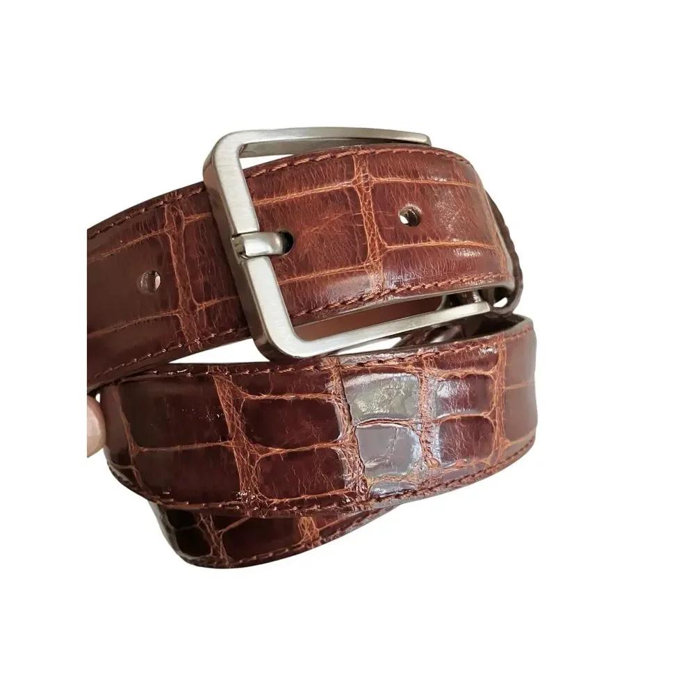 Men’s Brown Dress Belt American Alligator Made In Italy MCM Silver Buckle SZ 36